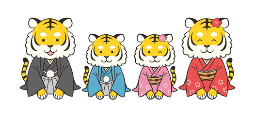 寅　干支　着物　イラスト　ファミリー