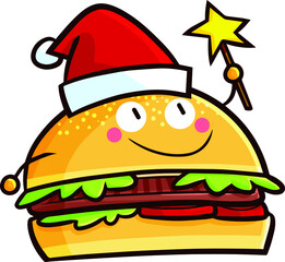 Cute christmas hamburger cartoon holding a star stick