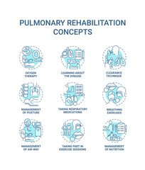Pulmonary rehabilitation blue concept icons set. Respiratory diseases treatment idea thin line color illustrations. Breathing exercise. Vector isolated outline drawings. Editable stroke