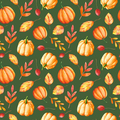 Autumn leaves and pumpkins seamless pattern. Watercolor orange botanical repeat print on green background. Fall natural background for textile, wallpaper, wrapping paper, fabric and decoration.