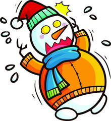 Funny snowman with orange sweater getting surprised