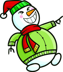 Funny snowman with green sweater getting suprised laugh at something
