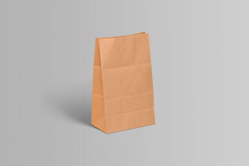 Blank craft paper bag for taking away food mock up isolated on grey background.zero waste concept. 3d rendering.