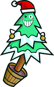 Funny Blue Green Christmas Pine Tree Character Smiling