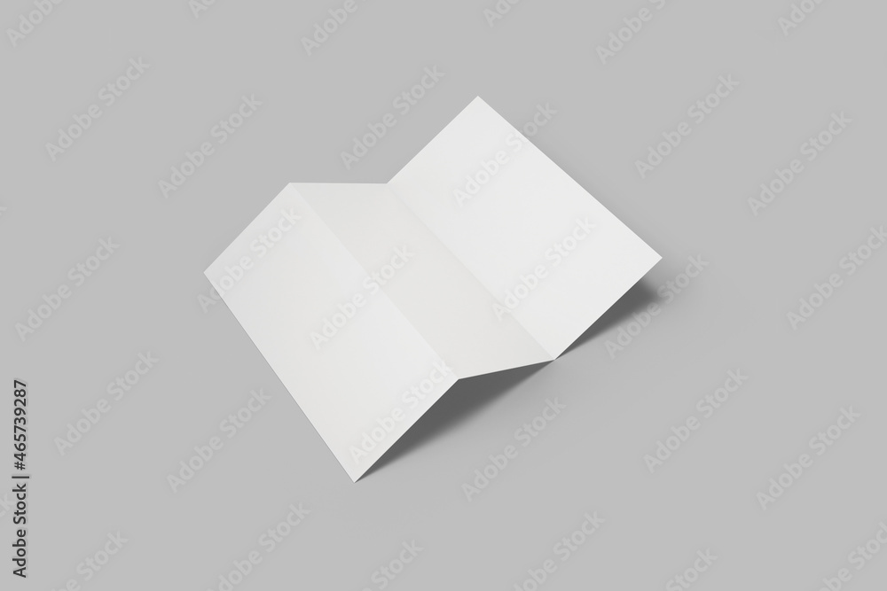 Aufkleber empty blank white trifold leaflet brochure mock up isolated on a grey background. 3d rendering.