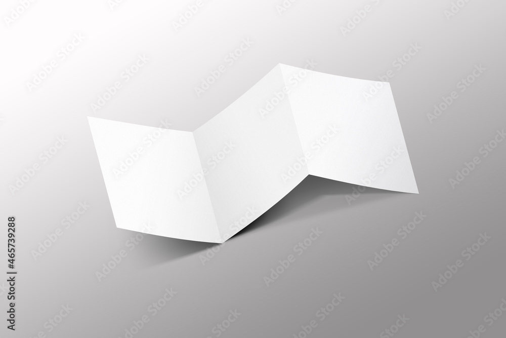 Poster empty blank white trifold leaflet brochure mock up isolated on a grey background. 3d rendering.