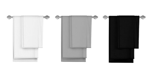 Empty blank White grey and black cotton terry towels hanging on a rail isolated on grey background. 3d rendering.
