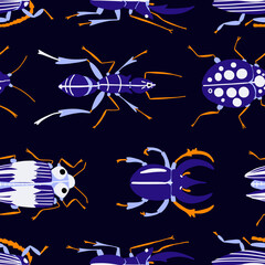 Seamless pattern with insects bugs, beetles on dark background. Cartoon vector illustration in modern flat style perfect for wrapping paper and wall decoration. 