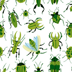 seamless pattern with insects bugs, beetles, firefly, ladybug, cricket, ant, fly. Cartoon vector illustration in modern flat style perfect for wrapping paper and wall decoration. 