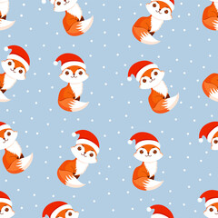 Christmas texture with festive foxes and snow. Vector illustration of Merry Christmas and Happy New Year. Seamless pattern. Winter holiday.