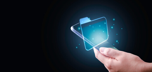 Document Management System (DMS) concept. Businessman work on smartphone online documentation database and process automation to efficiently manage files and information processes.