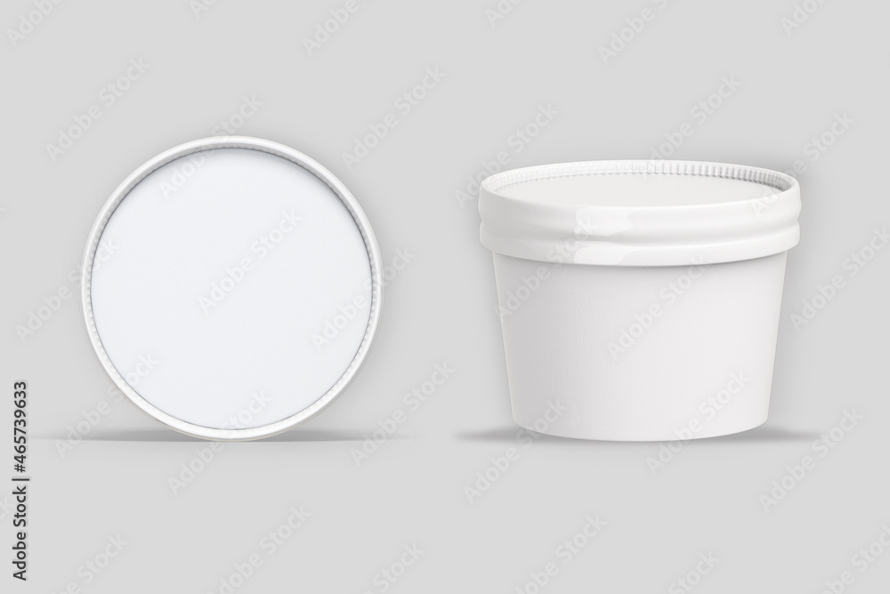 Poster empty blank white yogurt or ice cream or cheese packaging container mock up isolated on a grey backg