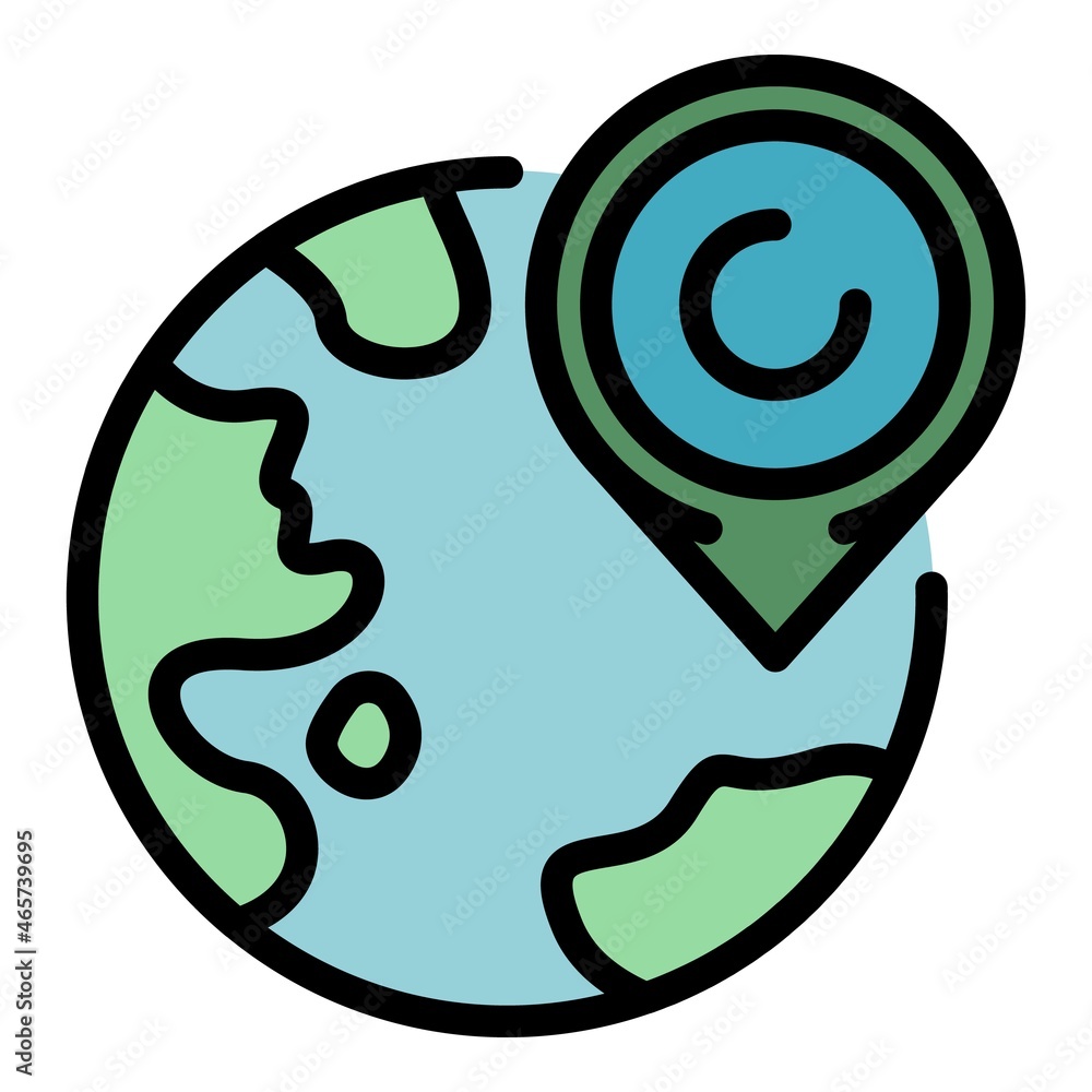 Poster gps tag on the planet icon. outline gps tag on the planet vector icon color flat isolated