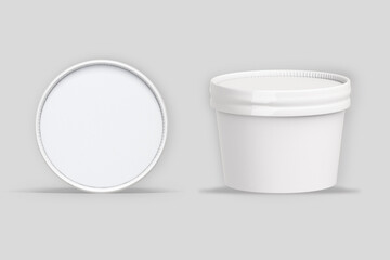 Blank white yogurt, ice cream, or cheese packaging container mockup isolated on grey background. Dairy product container , food packaging design, branding presentation, realistic product display.