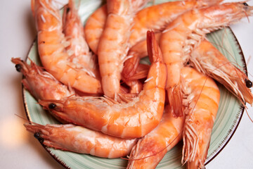 Macrophograph of cooked ready-to-eat prawns. typical seafood dish at Christmas