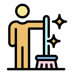 A man with broom icon. Outline a man with broom vector icon color flat isolated