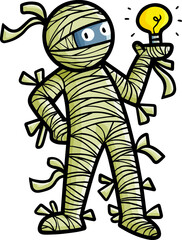 Cute mummy cartoon holding a bulb lamp