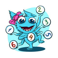 Cute blue monster with numbers. Vector 