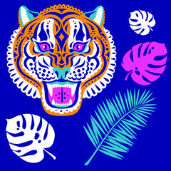 Decorated head of tiger animal stickers design flat vector illustration isolated on white background symbol 2022 year