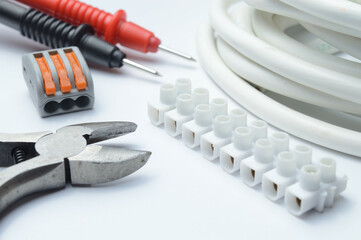 tools for electro repair on a light background. close-up.