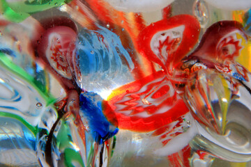 Vibrant Abstract Glass Swirls and Bubbles from a Paperweight with Lines and Colours