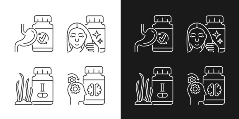 Food supplements linear icons set for dark and light mode. Medicine for better mental work. Iodine supplements. Customizable thin line symbols. Isolated vector outline illustrations. Editable stroke