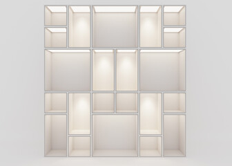 White empty architecture interior space room studio background wall display products minimalistic. Illuminated ceiling. Gallery with empty modern showcase. Empty hole. 3d render