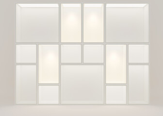 White empty architecture interior space room studio background wall display products minimalistic. Illuminated ceiling. Gallery with empty modern showcase. Empty hole. 3d render