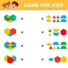 Education logic game for preschool kids. Kids activity sheet. Find figure matching. Iq test. Children funny riddle entertainment. Vector illustration