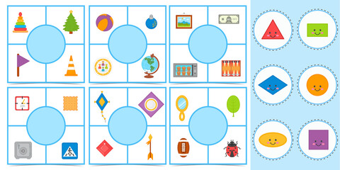 Educational worksheet for children. Game for Kids. Puzzle geometric shapes. Match of geometric figures and objects. Triangle, square, circle, oval, rhombus. Children funny riddle entertainment. - obrazy, fototapety, plakaty