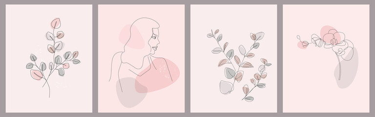 A set of abstract posters of contemporary art. Portrait of a beautiful woman in profile with long hair, hand-drawn line. A branch of a eucalyptus plant in simple forms, an orchid flower. Vector.  - obrazy, fototapety, plakaty