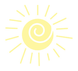 Spiral sun icon. Yellow swirl symbol in childish doodle style