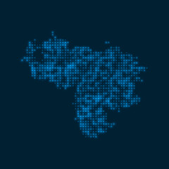 Obraz premium Venezuela dotted glowing map. Shape of the country with blue bright bulbs. Vector illustration.