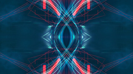 Dark abstract futuristic modern neon background. Futuristic space dark background with rays and neon lines. Neon abstraction. Symmetrical reflection, perspective. neon. 3D illustration. 