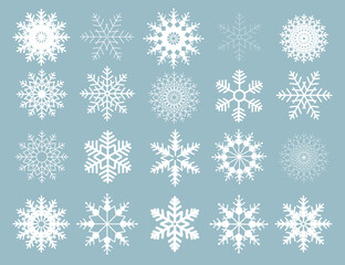 Winter set of white snowflakes isolated on light background. Snowflake icons. Snowflakes collection for design Christmas and New Year banner and cards.