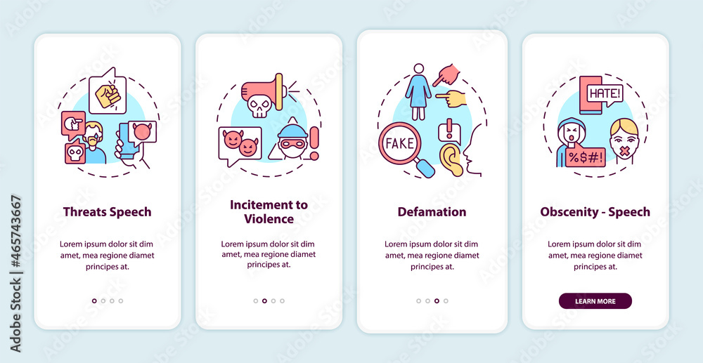 Poster non-protected speech types onboarding mobile app page screen. defamation and threats walkthrough 4 s