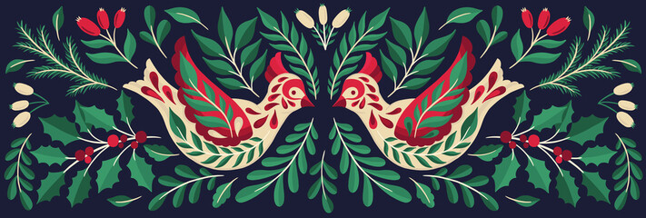 Ornate Christmas 2022 bird animal.Branch leaves elegante xmas design.