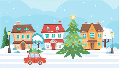 Cute houses at winter snow day. Car with fir tree and gift boxes drives down the street . Cottages, trees, street lamps, christmas tree, cars. Winter town at day time. Vector illustration.