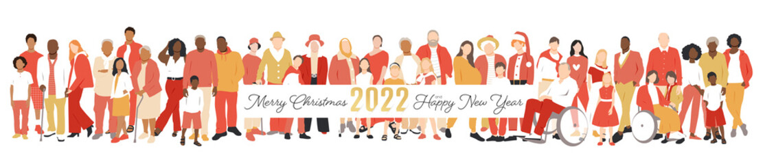 Merry Christmas and Happy New Year card. Multicultural group of families.