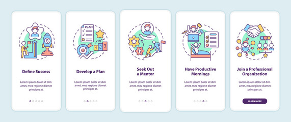 Career advancement steps onboarding mobile app page screen. Success walkthrough 5 steps graphic instructions with concepts. UI, UX, GUI vector template with linear color illustrations