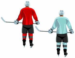 Hockey player in a sports uniform stands with his back straight and holds a stick in his hands © ivnas