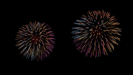 Fireworks on night sky, abstract light patterns. Black background with colorful, lightning effects. Long exposure and movement. Backdrops for Happy New Year cards, montage, copy space. 