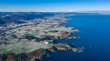 Fototapeta premium aerial view of Ribadeo in the mist