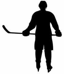 Black silhouette of a hockey player standing straight behind with a stick in his hands