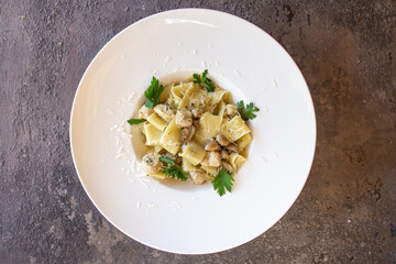 pasta with chicken and cheese top view