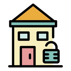 House and open lock icon. Outline house and open lock vector icon color flat isolated