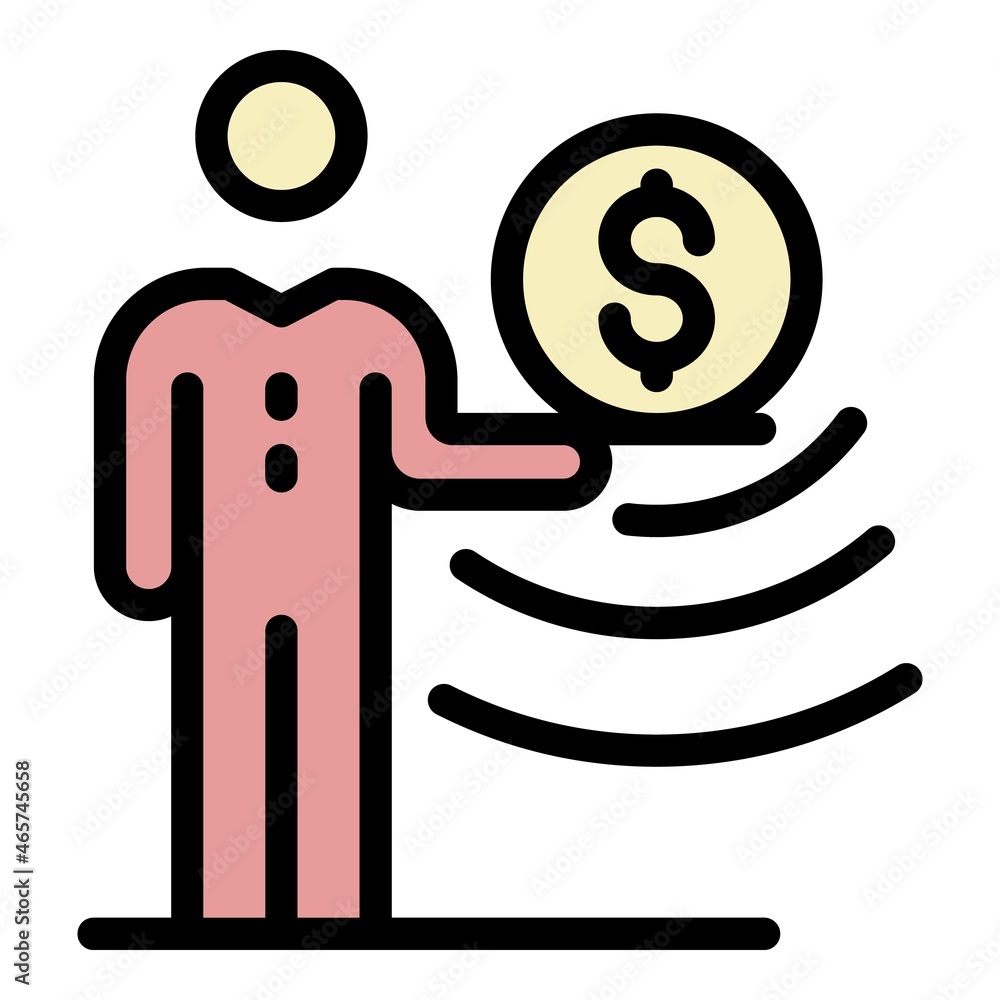 Poster man with a coin on a tray icon. outline man with a coin on a tray vector icon color flat isolated