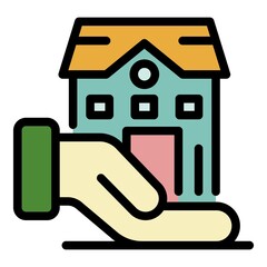 House in the palm icon. Outline house in the palm vector icon color flat isolated