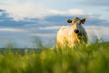 Stud speckle park and angus bull grazing on pasture and yellow flowers.