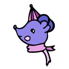 A cheerful Red Cat is smiling in a red and white hat and a purple scarf in the style of a cartoon. Vector illustration for children's book, postcard, poster, interior, textile.